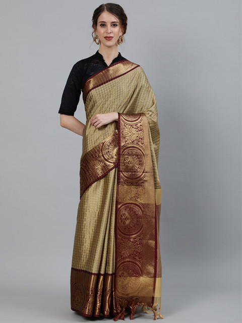 

KALINI Beige & Maroon Woven Design Zari Art Silk Heavy Work Banarasi Saree