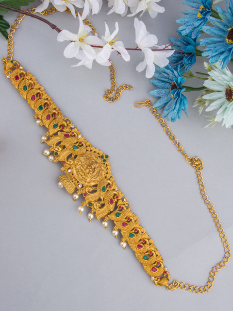 

Alankruthi Gold-Plated Magenta Pink & Green Stone-Studded Pearl Beaded Handcrafted Kamarbandh Waist Chain