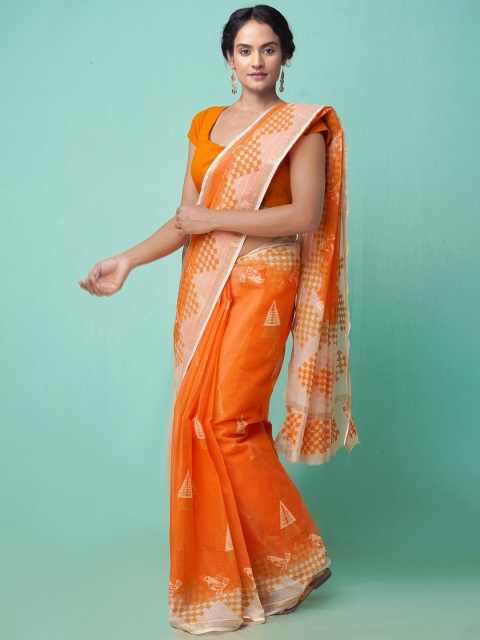 

Unnati Silks Orange & White Pure Cotton Kota Saree