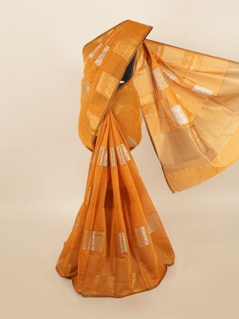 

Pothys Mustard Yellow & Silver-Toned Ethnic Motifs Jute Cotton Saree