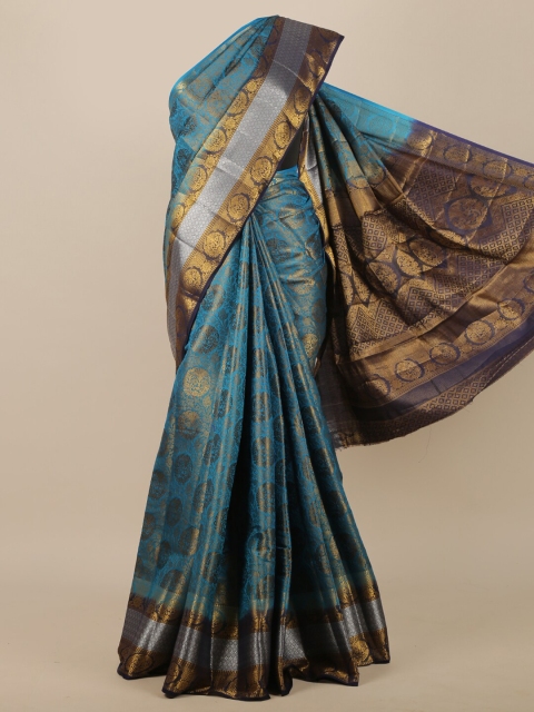 

Pothys Blue & Gold-Toned Ethnic Motifs Zari Jute Silk Saree