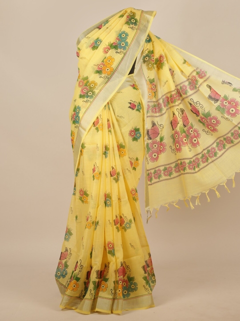 

Pothys Yellow & Blue Floral Zari Linen Blend Saree