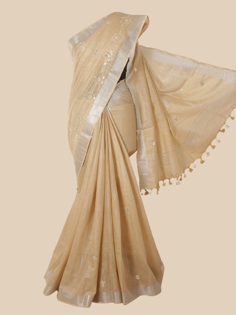 

Pothys Cream-Coloured & Silver-Toned Embellished Mirror Work Jute Cotton Saree