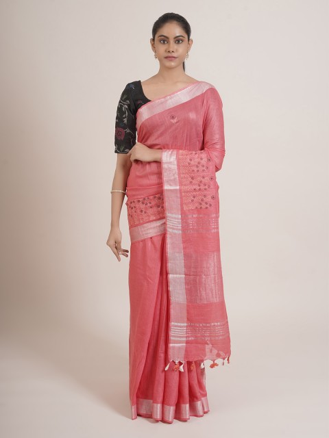 

Pothys Pink & Silver-Toned Woven Design Cotton Blend Saree