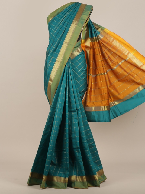 

Pothys Sea Green & Orange Checked Zari Art Silk Saree