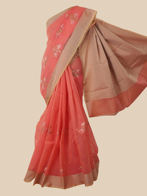 

Pothys Peach-Coloured & Gold-Toned Floral Saree