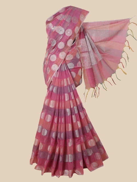 

Pothys Pink & Silver-Toned Floral Beads and Stones Saree
