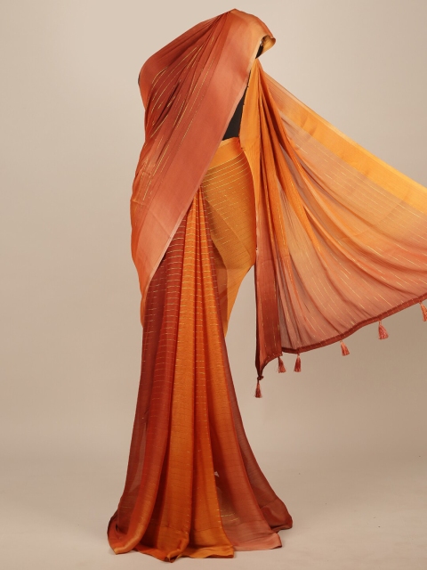 

Pothys Mustard & Red Striped Poly Chiffon Saree
