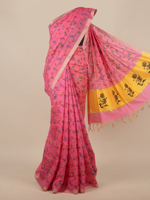 

Pothys Pink & Yellow Floral Silk Cotton Saree
