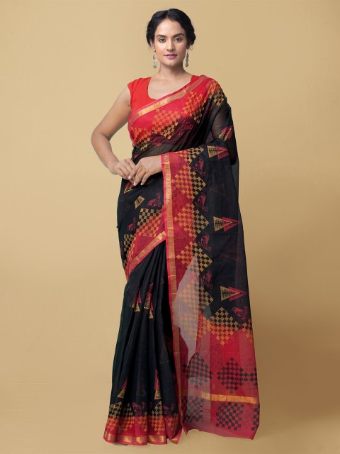 

Unnati Silks Black & Maroon Hand Block Printed Zari Pure Cotton Kota Saree