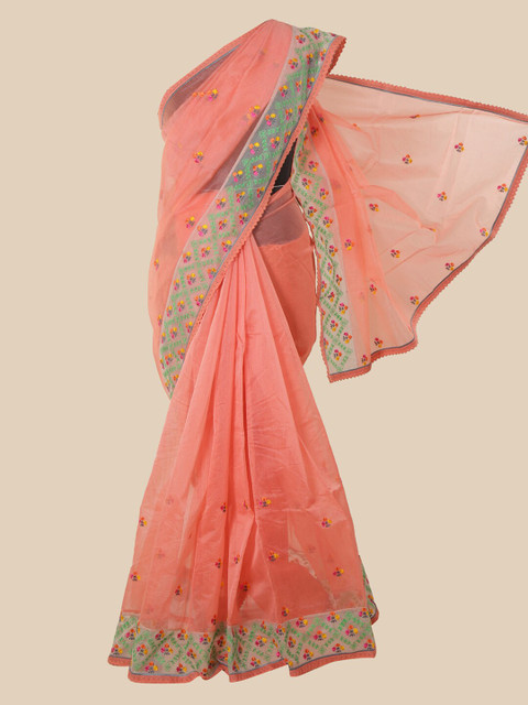 

Pothys Pink & Green Floral Embroidered Supernet Saree