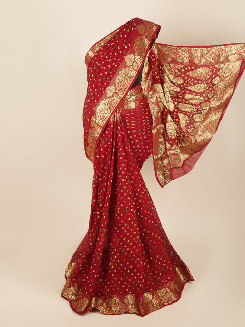 

Pothys Maroon & Gold-Toned Bandhani Zari Art Silk Saree