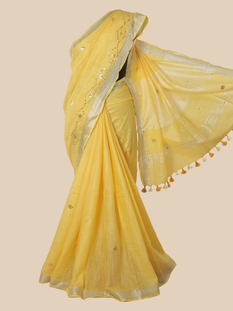 Pothys Yellow & Silver-Toned Embellished Jute Cotton Saree