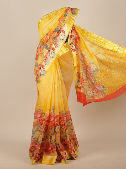 

Pothys Yellow & Orange Floral Cotton Blend Saree