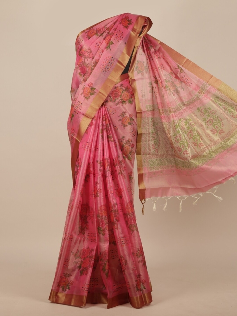 

Pothys Pink & Green Floral Zari Saree