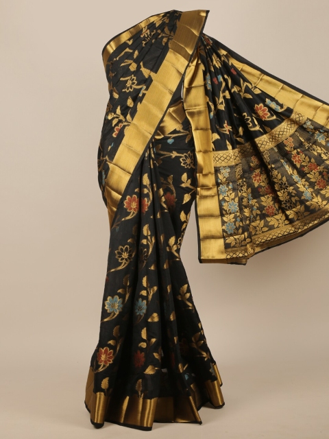 

Pothys Black & Gold-Toned Floral Zari Jute Silk Saree