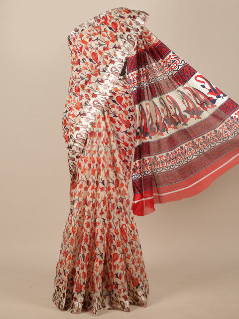 

Pothys Cream-Coloured & Orange Floral Saree