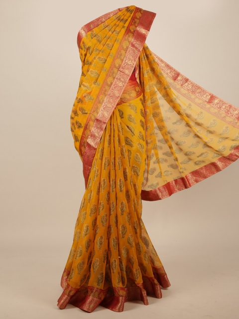 

Pothys Mustard & Red Floral Poly Chiffon Saree