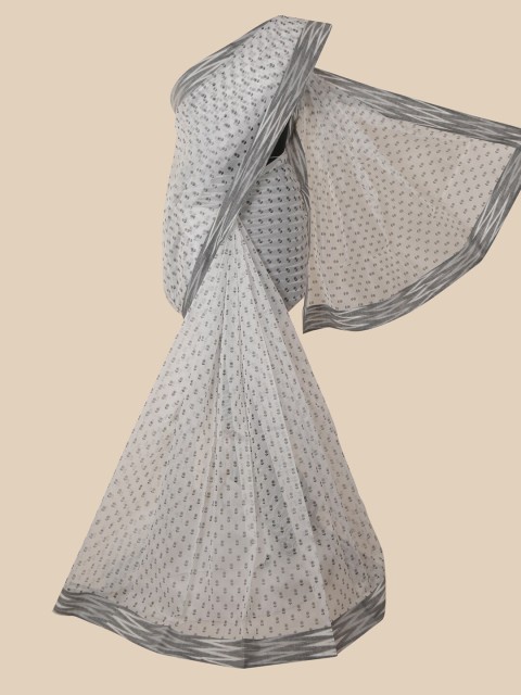 

Pothys White & Grey Floral Supernet Saree