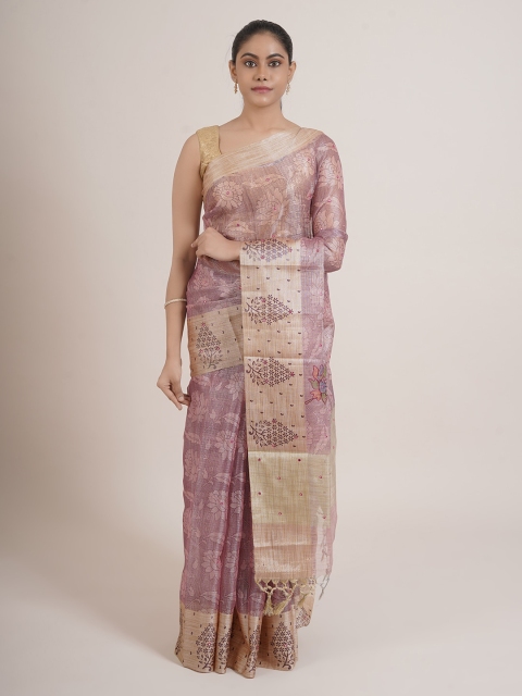 

Pothys Pink & Beige Floral Mirror Work Tissue Saree