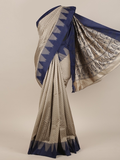 

Pothys Cream-Coloured & Navy Blue Art Silk Saree
