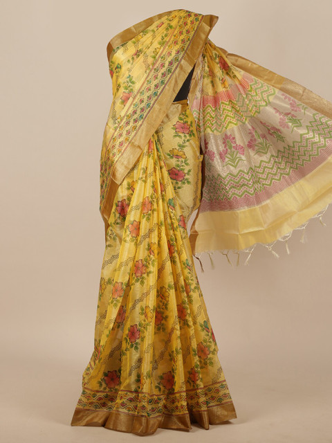 

Pothys Yellow & Green Floral Cotton Blend Saree