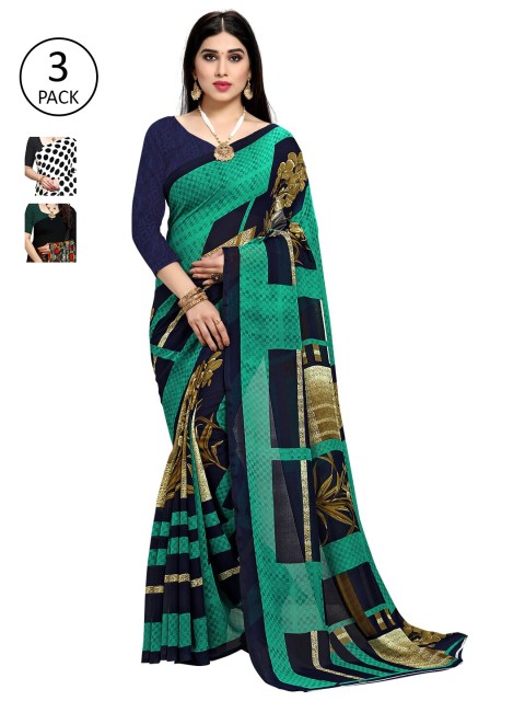 

KALINI Multicolour Printed Poly Georgette Daily Wear Sarees-Pack of 3, White