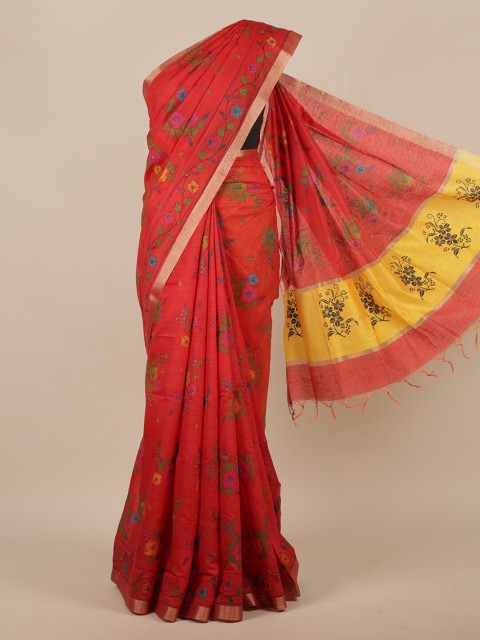 

Pothys Red & Green Floral Zari Silk Cotton Saree