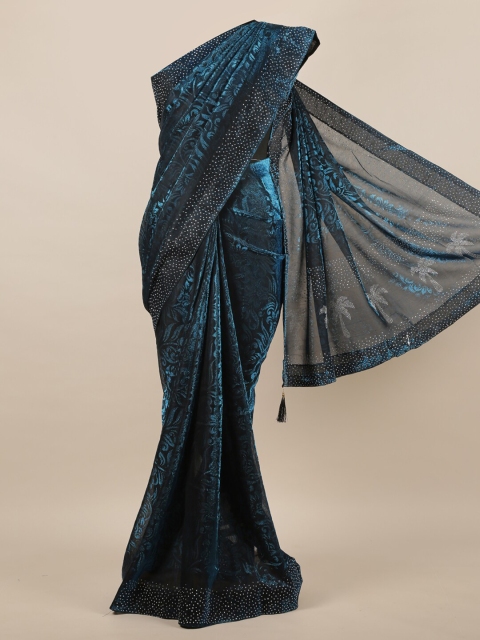 

Pothys Blue & Black Embellished Beads and Stones Jute Silk Saree