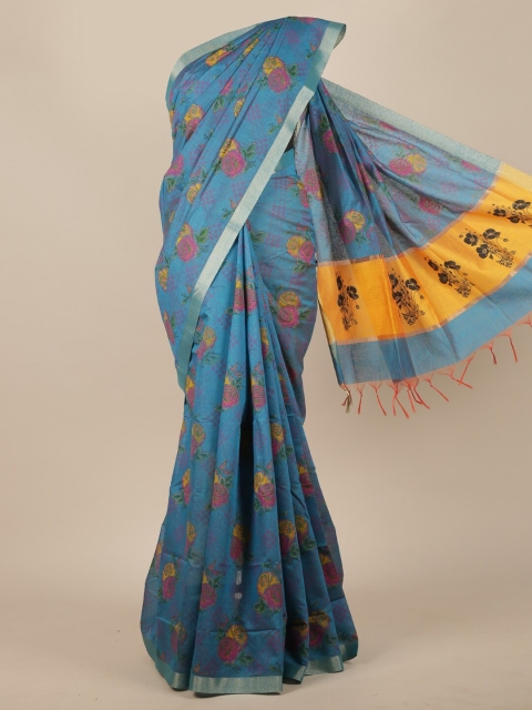 Pothys Blue & Yellow Cotton Blend Floral Saree