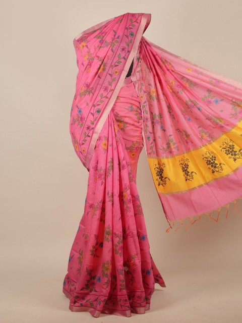 

Pothys Pink & Yellow Floral Silk Cotton Saree