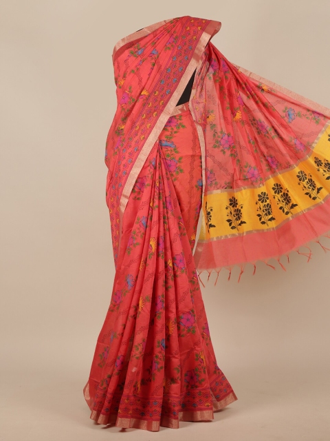 

Pothys Pink & Yellow Floral Zari Silk Cotton Saree
