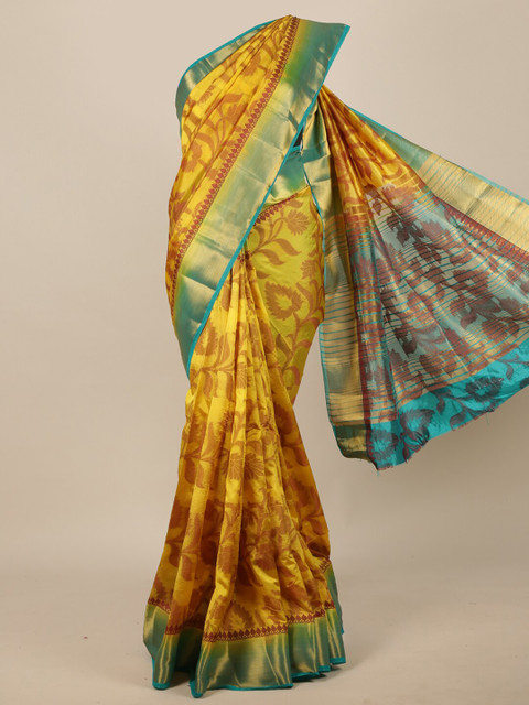 

Pothys Yellow & Blue Woven Design Zari Jute Silk Saree