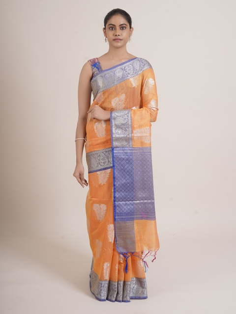 

Pothys Orange & Blue Woven Design Zari Cotton Blend Saree
