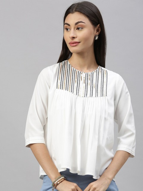 

Ishin White & Yellow Striped Crepe A-Line Top