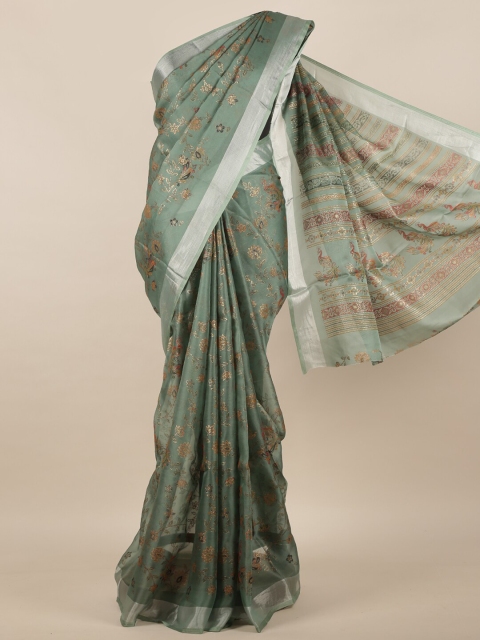 

Pothys Green & Silver-Toned Floral Jute Silk Saree