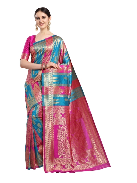 

KALINI Blue & Pink Woven Paisely Design Zari Silk Blend Banarasi Saree