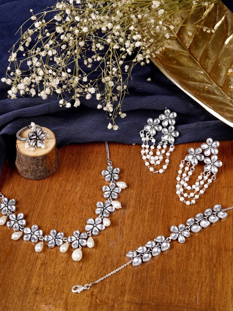 

TEEJH Oxidised Silver-Toned Artificial Beads & Stone-Studded Maanya Polki Jewellery Set