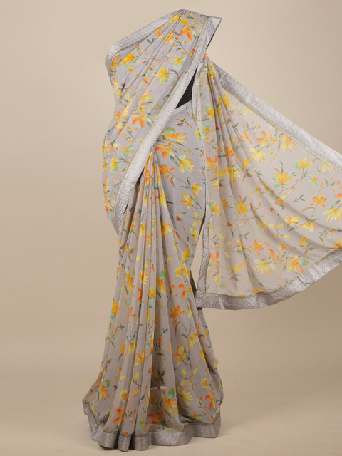 

Pothys Grey & Yellow Floral Zari Saree