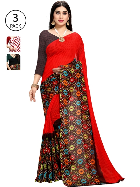 

KALINI Pack of 3 Poly Georgette Sarees, Red