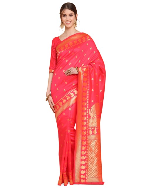 

KALINI Pink & Gold-Toned Woven Design Zari Silk Blend Fusion Banarasi Saree