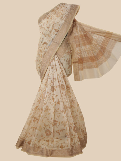 

Pothys Cream-Coloured & Beige Floral Supernet Saree