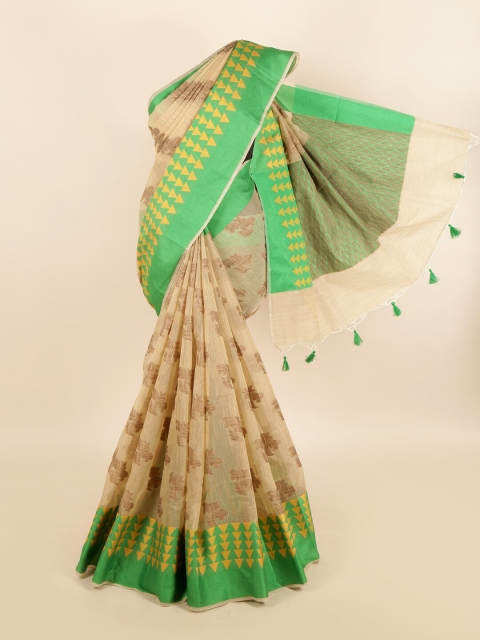 

Pothys Cream-Coloured & Green Ethnic Motifs Supernet Saree