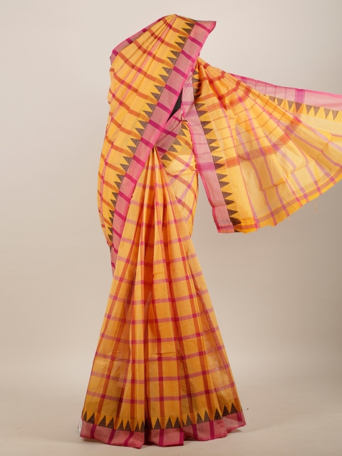 

Pothys Yellow & Pink Checked Pure Cotton Saree