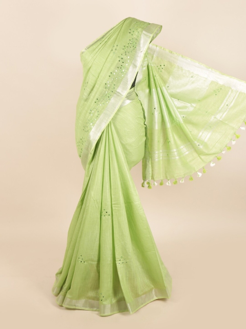 

Pothys Green & White Floral Mirror Work Linen Blend Saree