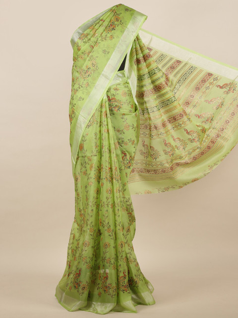 

Pothys Green & Silver-Toned Floral Jute Silk Saree