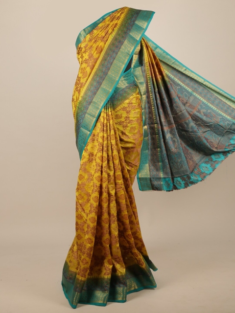 

Pothys Yellow & Brown Floral Zari Jute Silk Saree