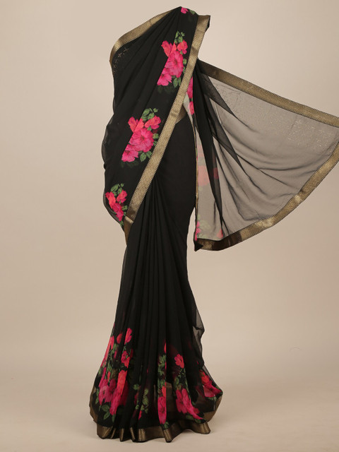 

Pothys Black & Pink Floral Zari Poly Chiffon Saree
