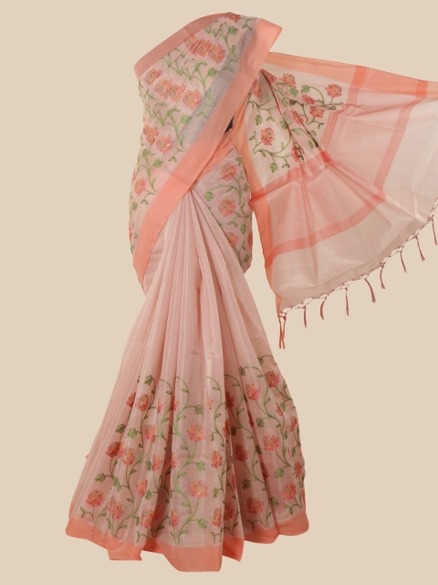 

Pothys Pink & Green Floral Embroidered Tissue Saree