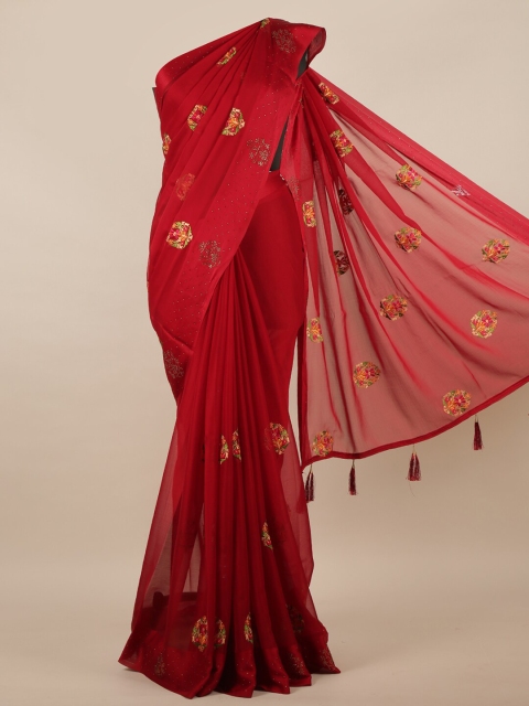 

Pothys Red & Green Floral Beads and Stones Saree